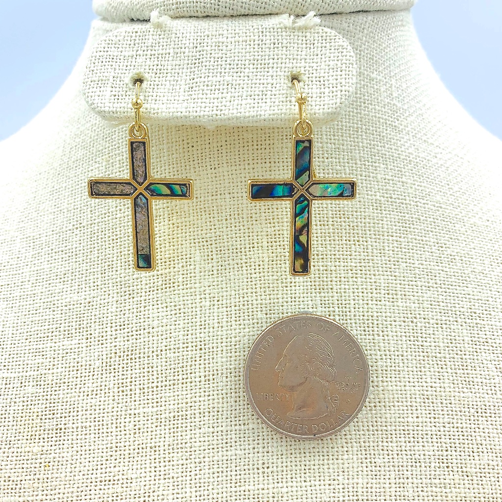 Genuine Abalone Shell Cross Dangle Earrings - Large 7$